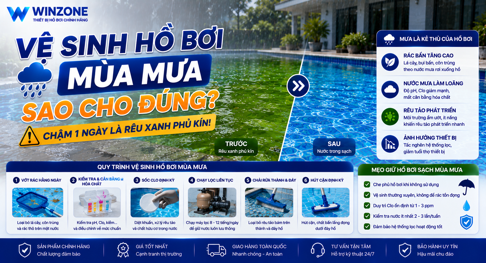 vệ sinh hồ bơi mùa mưa