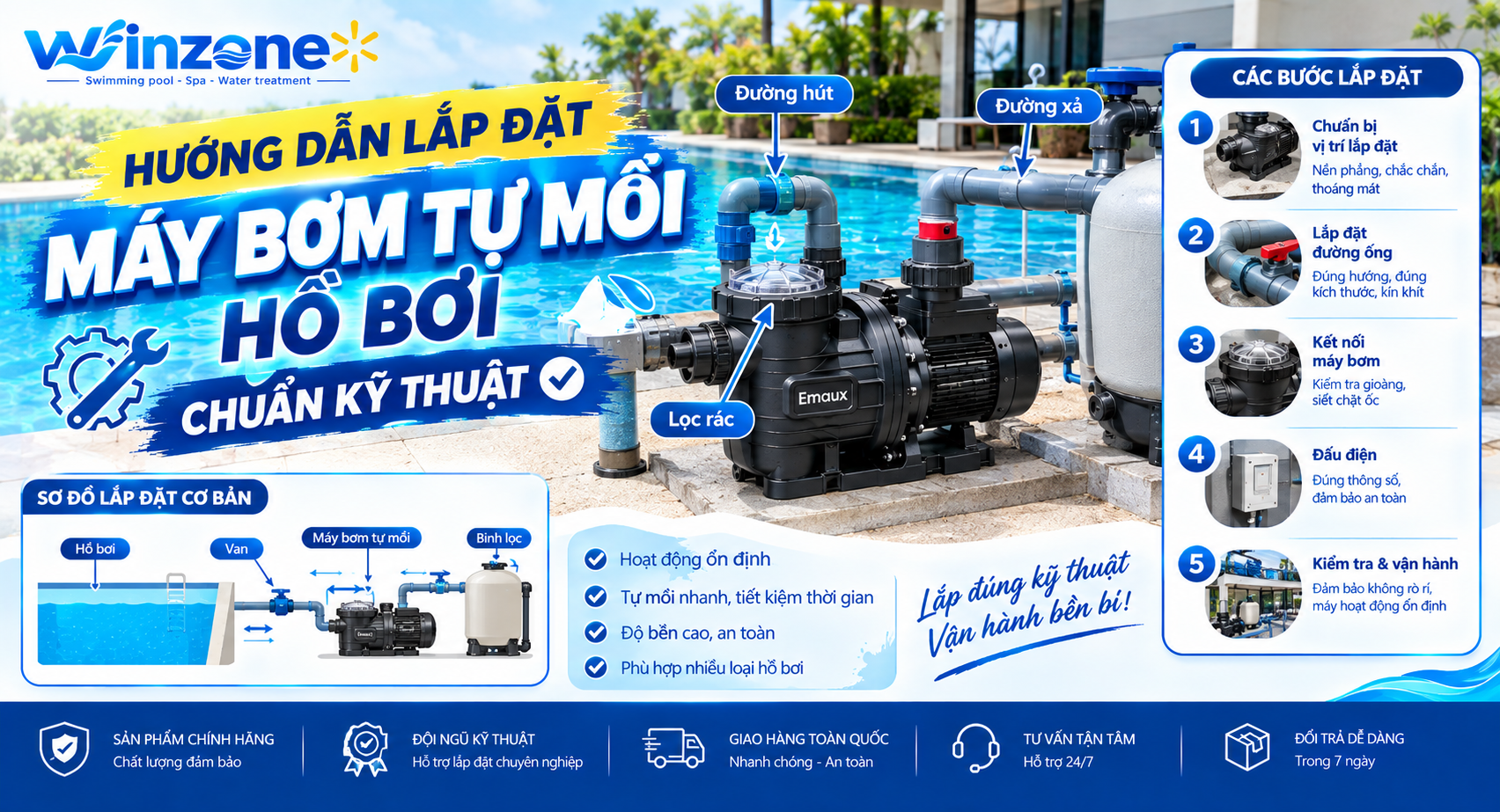lắp đặt máy bơm tự mồi hồ bơi