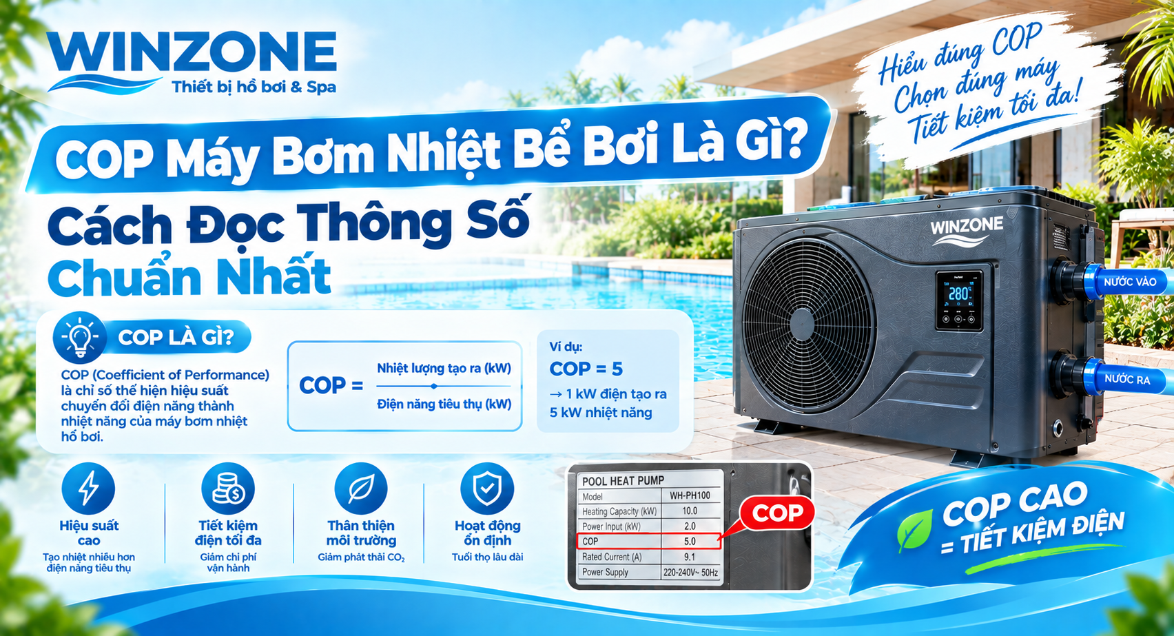 COP máy bơm nhiệt bể bơi