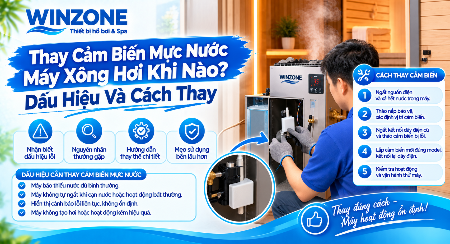 thay cảm biến mực nước máy xông hơi