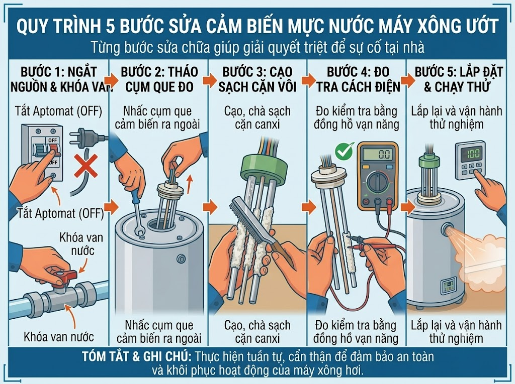 cảm biến mực nước máy xông hơi bị lỗi