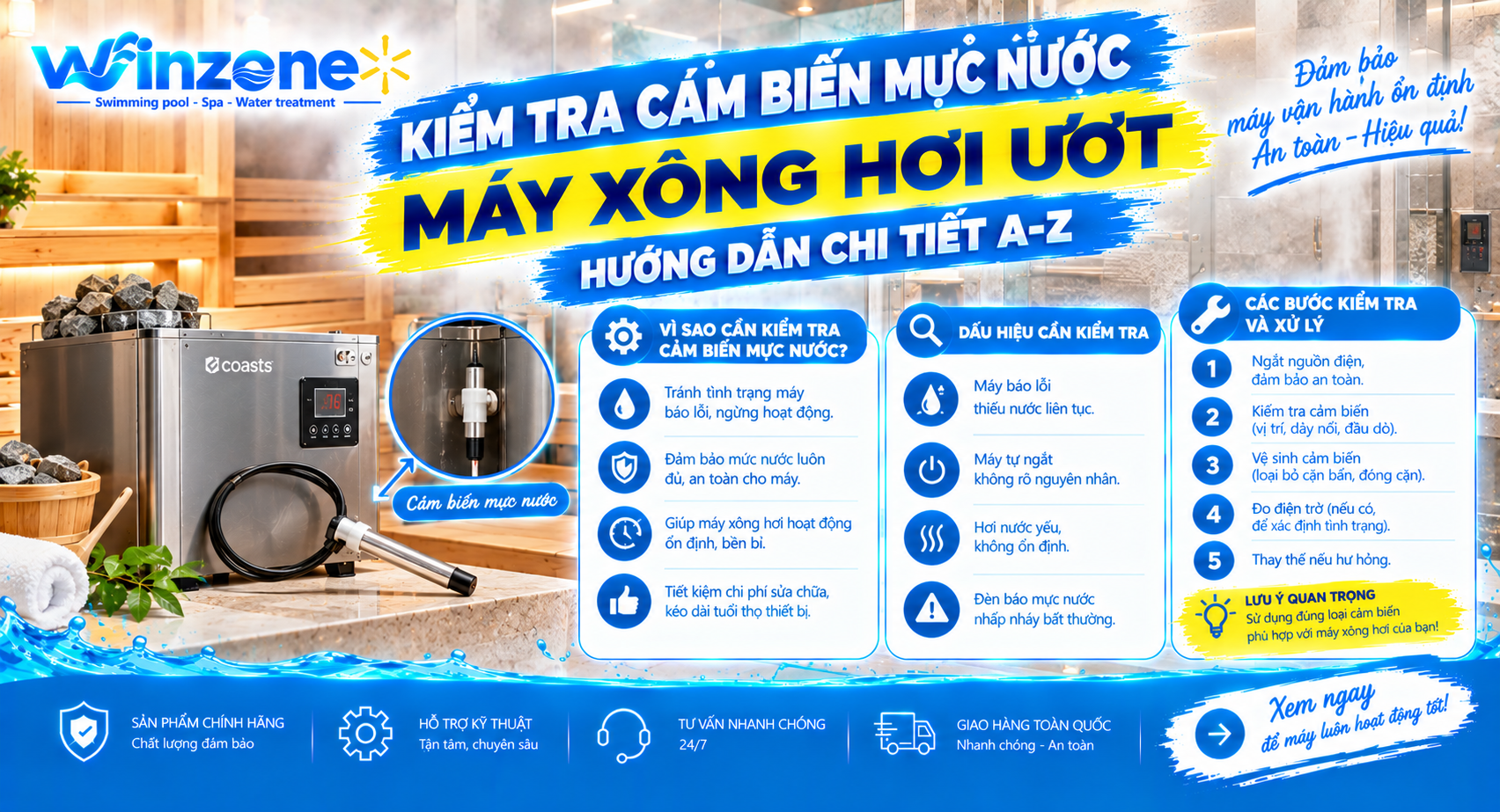 kiểm tra cảm biến mực nước máy xông hơi