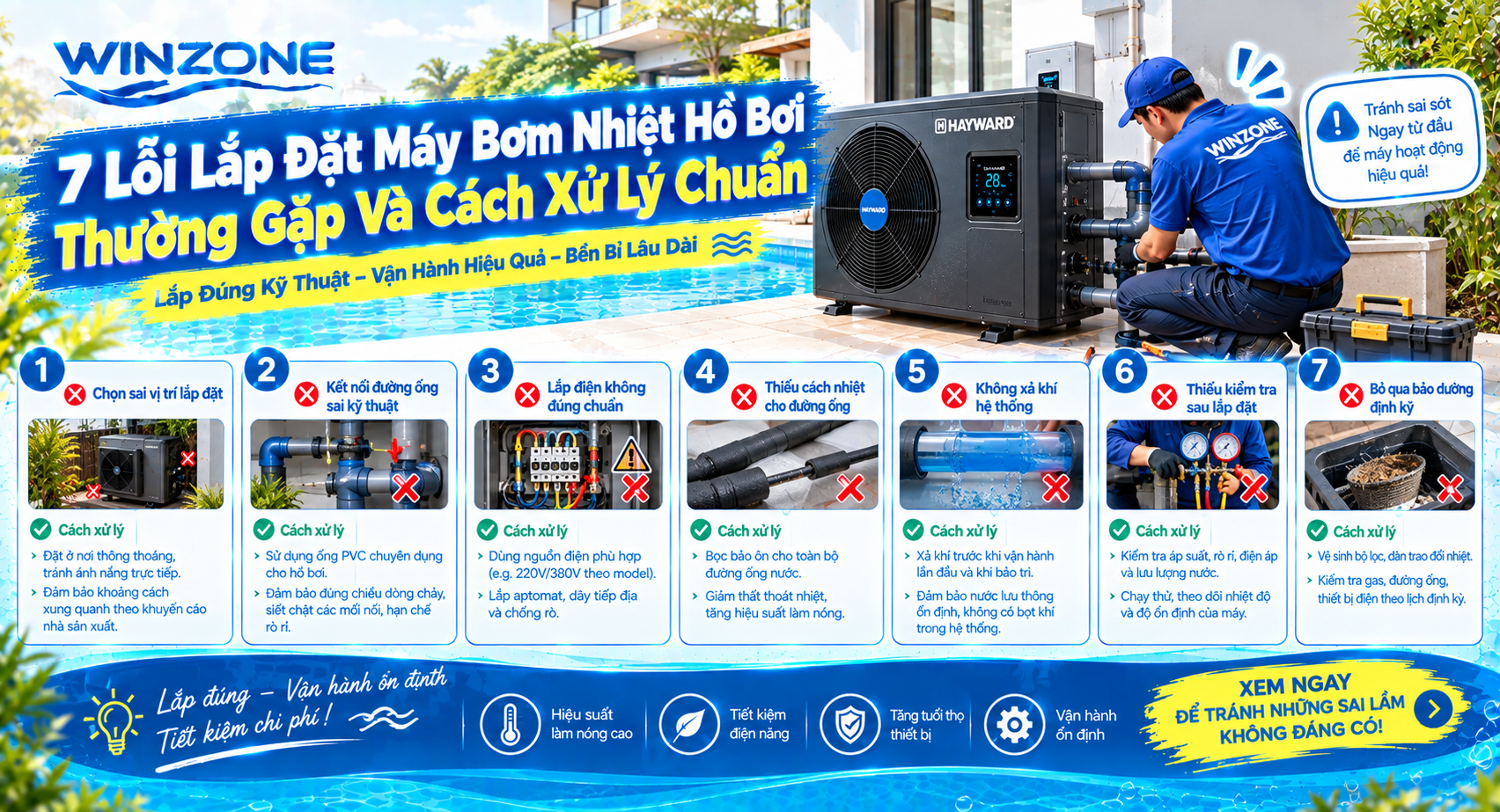 lỗi lắp đặt máy bơm nhiệt hồ bơi